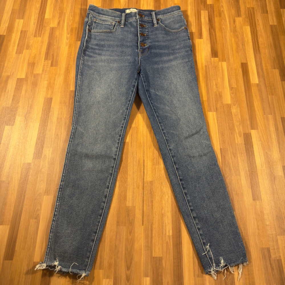 Madewell 10 High Rise Skinny Jeans Button Fly Raw Hem Blue Denim Size 29